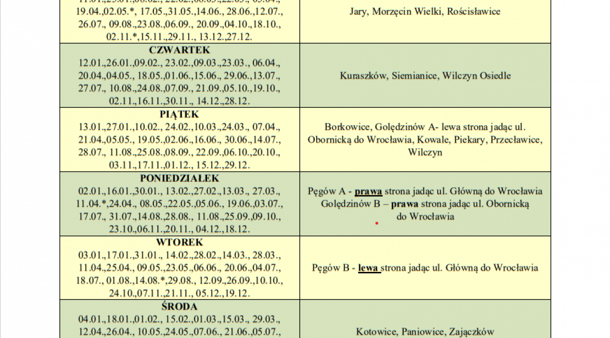 HARMONOGRAM ODBIORU ODPADÓW KOMUNALNYCH ZMIESZANYCH ORAZ BIODEGRADOWALNYCH Z TERENU WIOSEK NA ROK 2023
