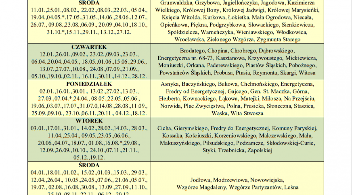 HARMONOGRAM ODBIORU ODPADÓW KOMUNALNYCH ZMIESZANYCH ORAZ BIODEGRADOWALNYCH Z TERENU MIASTA NA ROK 2023